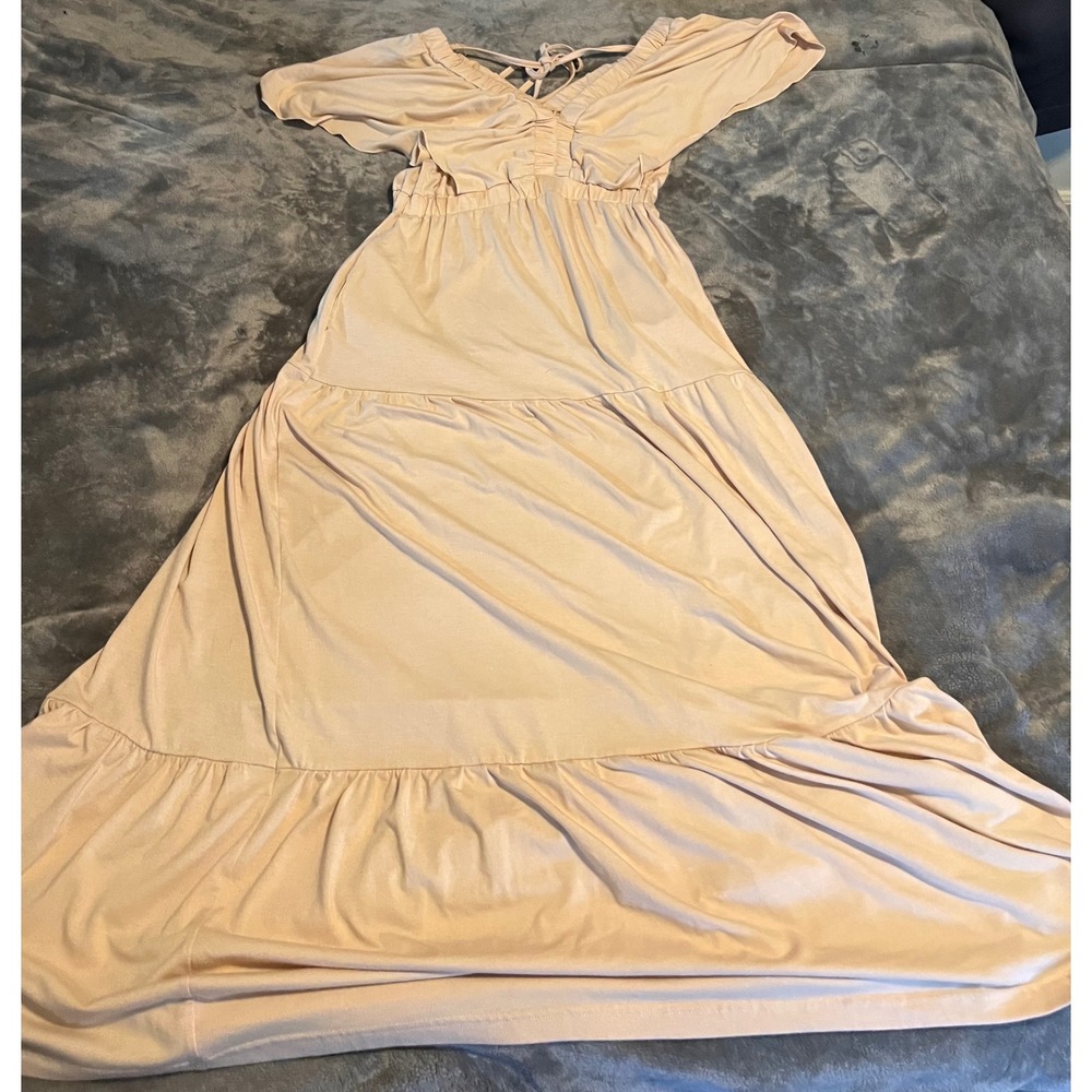 Boho Peach Tiered Maxi Dress Flutter Sleeve V-Neck Pockets S